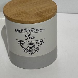 Pfaltzgraff Gray & White Tea Canister with Wooden Bamboo Lid Kitchen Storage